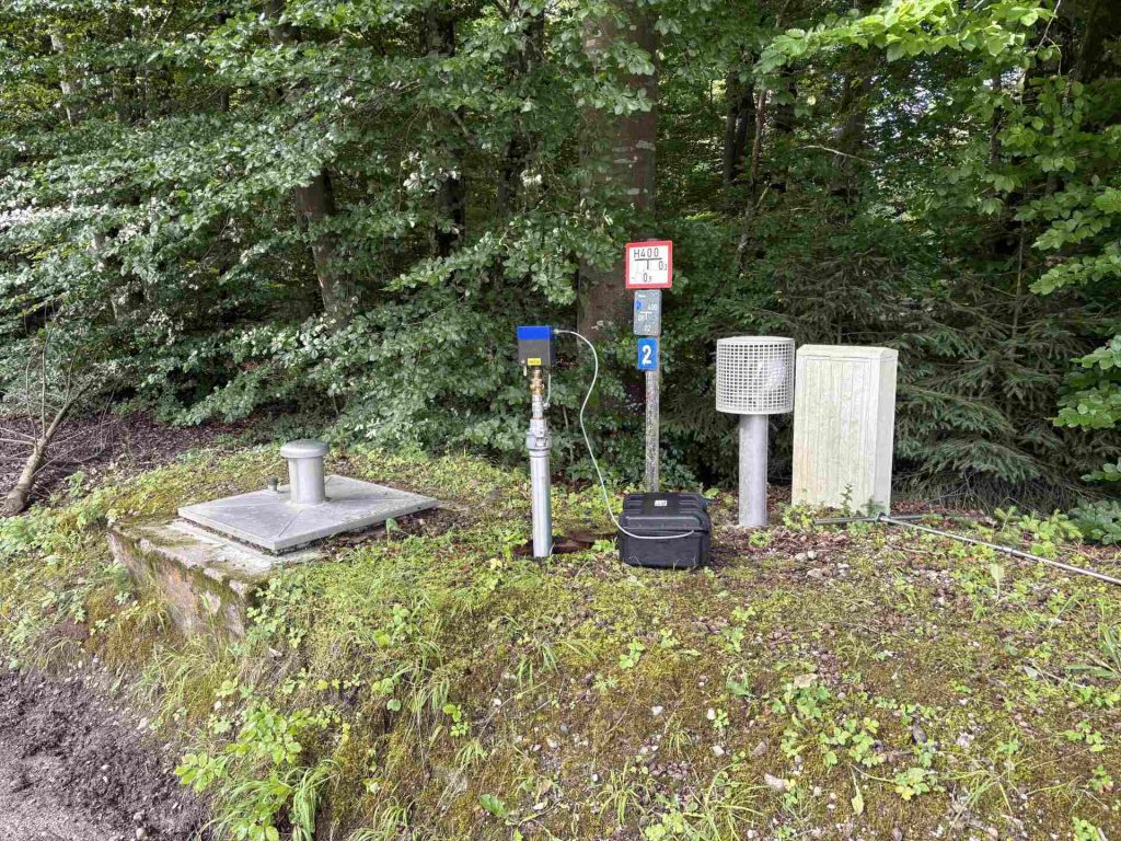 Wasserzähler und Feuerhydrant stehen in einem Waldgebiet, umgeben von Bäumen und natürlicher Vegetation.